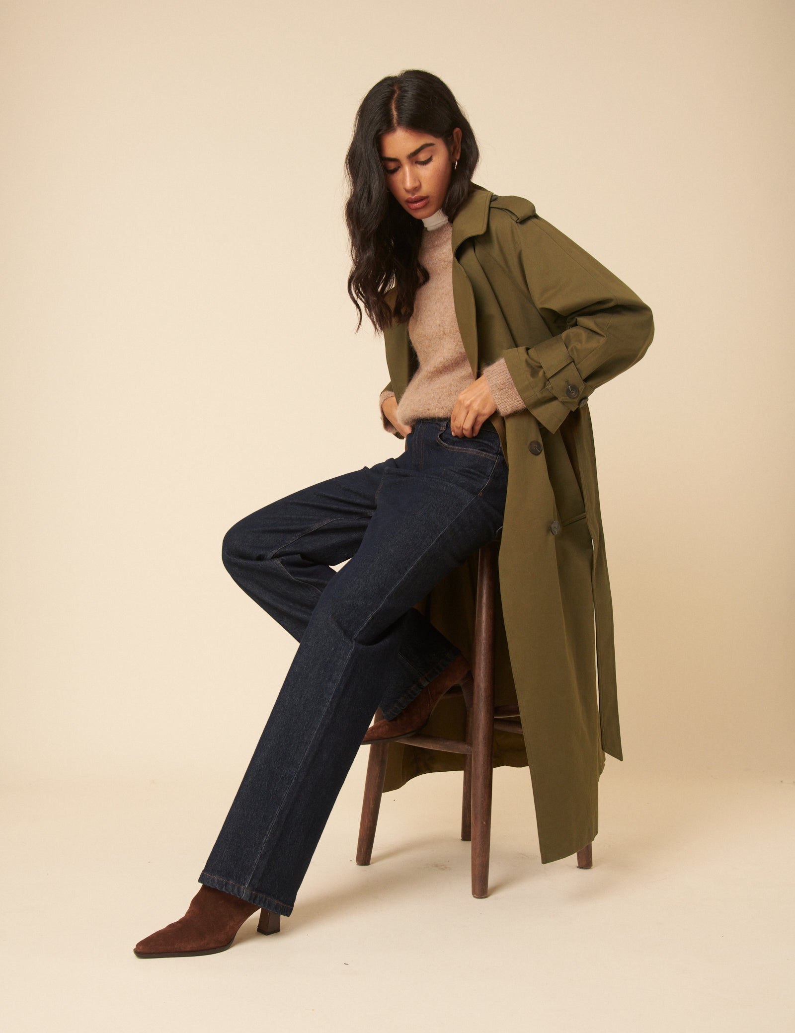 Khaki Green Double Breasted Trench Coat