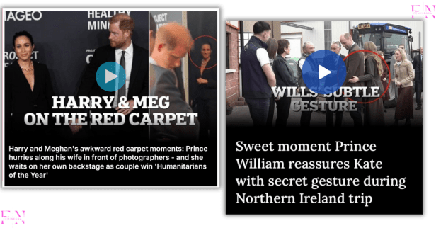 Side-by-side screenshots reveal the double standard in royal coverage. On the left, Harry and Meghan’s handholding is labeled “awkward.” On the right, William brushing off Kate’s touch is praised as a “sweet gesture.” The same act, two headlines, and a very different spin.