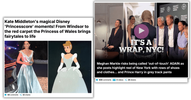 Screenshot showing Daily Mail headlines from October 14, 2025: one praising Kate Middleton’s “Disney princess” looks, the other attacking Meghan Markle’s New York reel as “out of touch.”