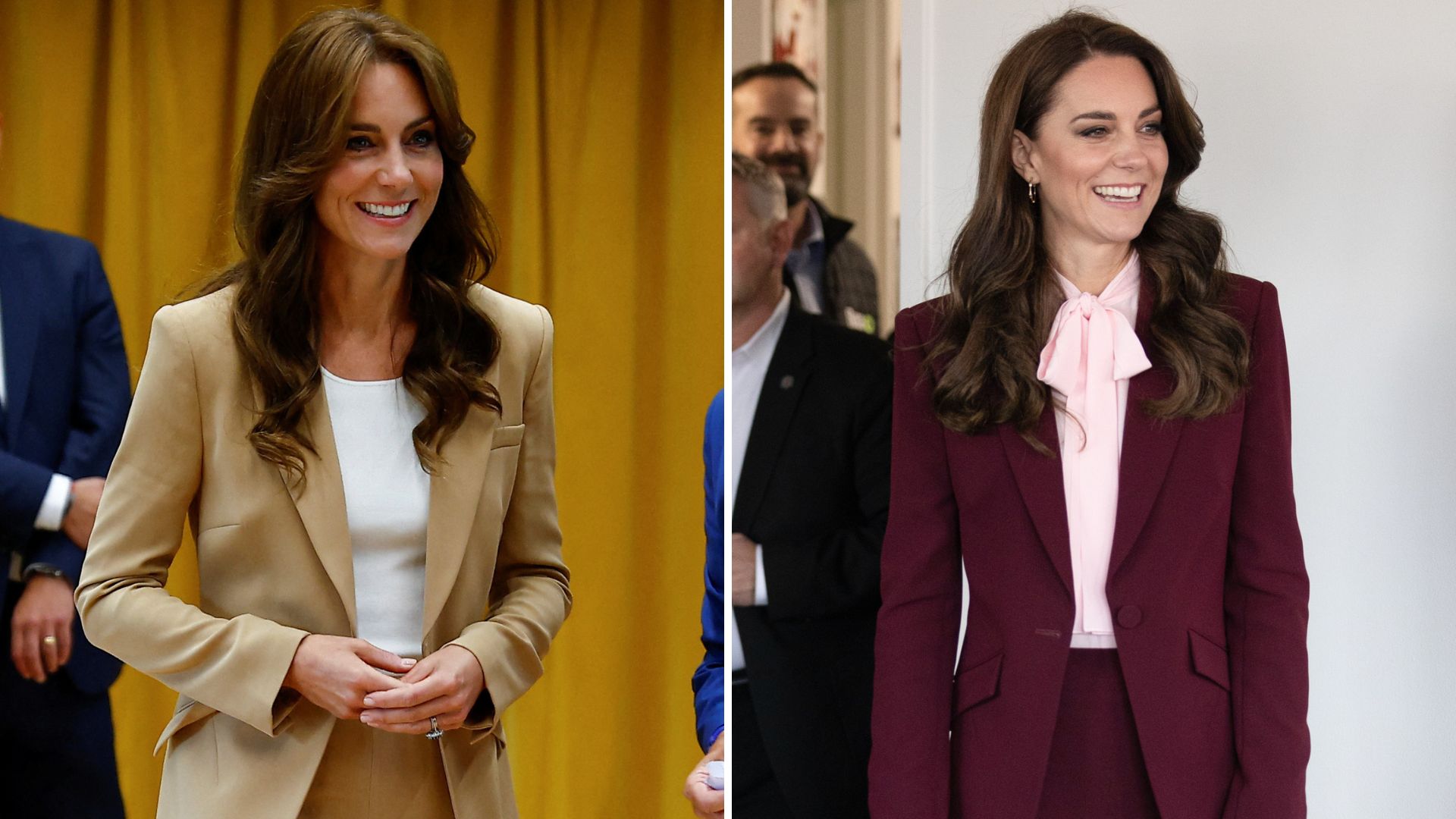 A composite of two pictures of Kate Middleton wearing a Roland Mouret suit, one in camel and the other in maroon