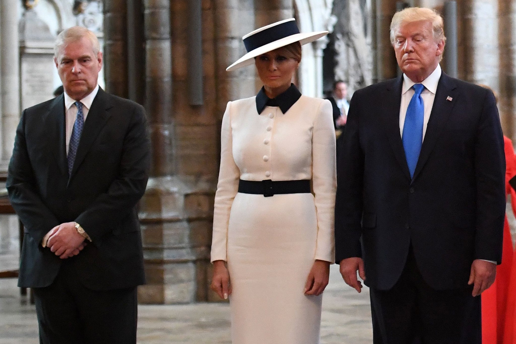 Donald Trump and US first lady Melania Trump with Prince Andrew as they lay a wreath on the tomb of the Unknown Warrior in Westminster Abbey in central London on 3 June 2019 (Photo STEFAN ROUSSEAU/AFP via Getty Images)