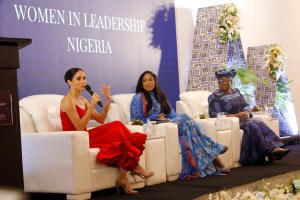 ABUJA, NIGERIA - MAY 11: (EDITORIAL USE ONLY) Meghan, Duchess of Sussex speaks at a Women in Leadership event co-hosted with Ngozi Okonjo-Iweala on May 11, 2024 in Abuja, Nigeria. (Photo by Andrew Esiebo/Getty Images for The Archewell Foundation)