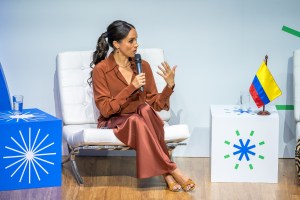 BOGOTA, COLOMBIA - AUGUST 15: Meghan, Duchess of Sussex, speaks onstage at EAN University on August 15, 2024 in Bogota, Colombia. (Photo by Diego Cuevas/Getty Images)