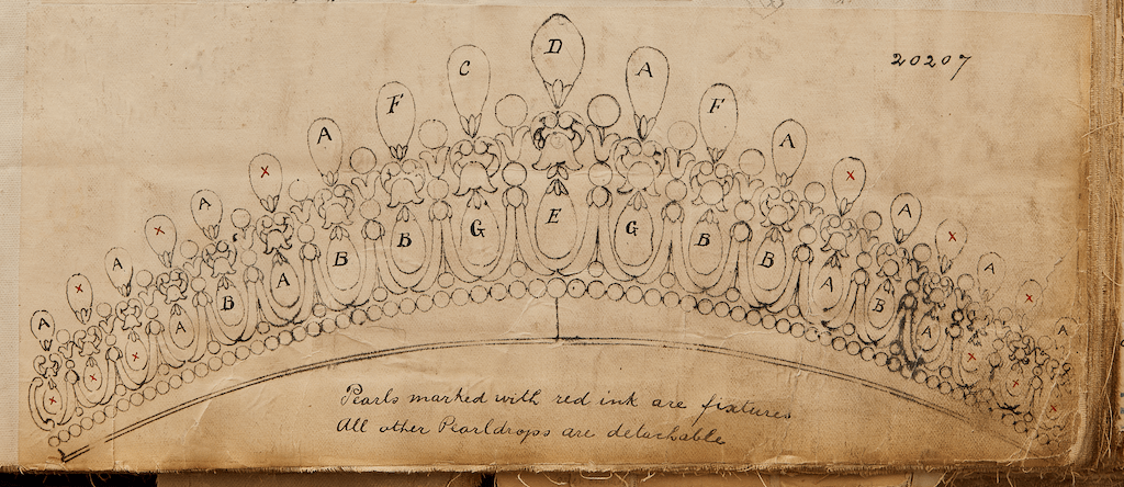 The original 1913 Garrard workshop sketch documenting the Lover's Knot tiara’s creation
