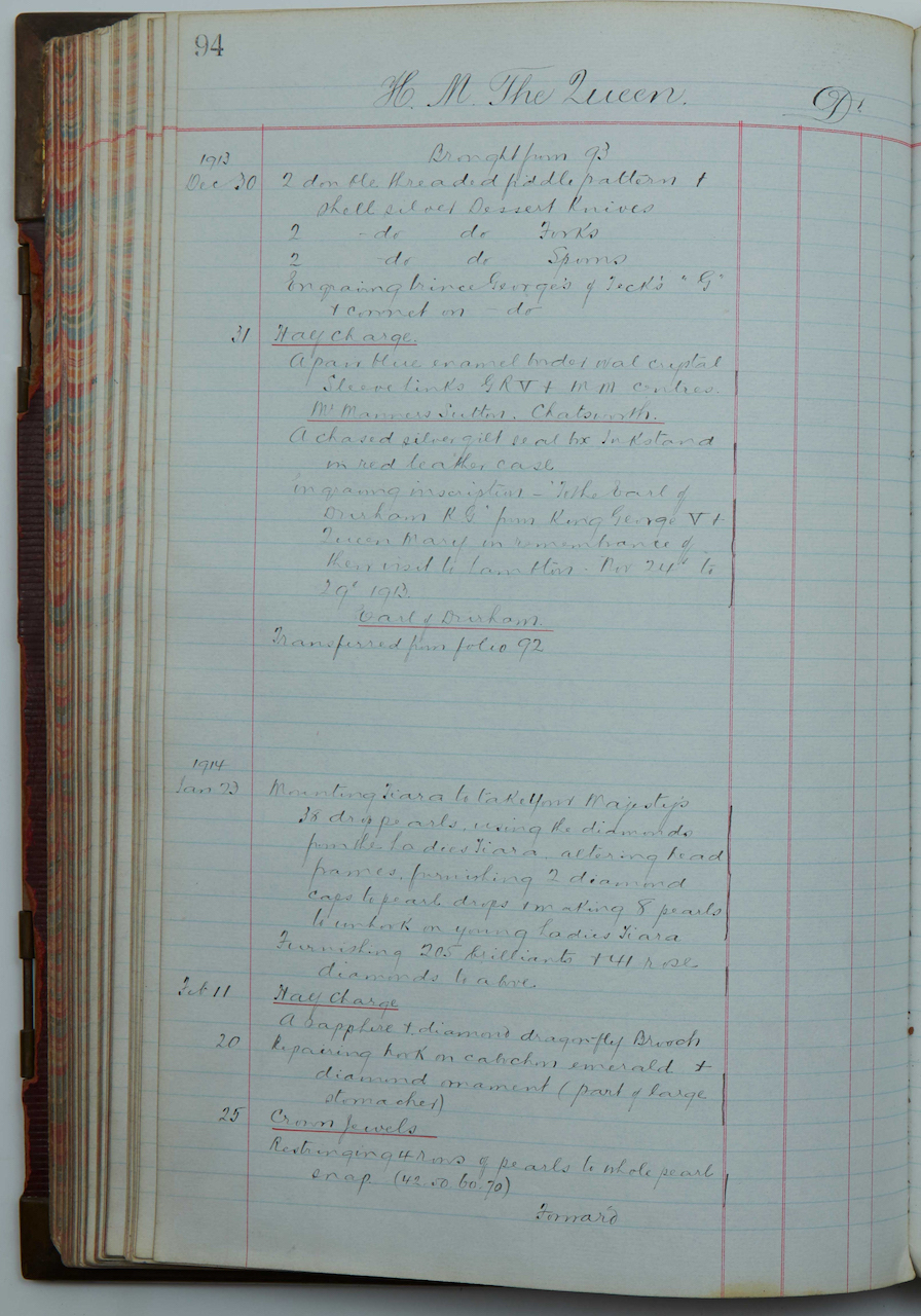 The original 1913 Garrard workshop ledger entry documenting the Lover's Knot tiara’s creation