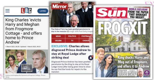 Collage of 2023 headlines from LBC, Mirror, and The Sun showing reports that King Charles evicted Prince Harry and Meghan Sussex from Frogmore Cottage and offered it to Prince Andrew, highlighting royal double standards.