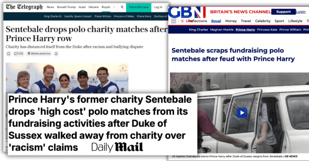 A collage of media coverage from The Telegraph, GB News, and Daily Mail showing headlines about Sentebale dropping polo matches after disputes involving Prince Harry, with framing that echoes Sophie Chandauka’s claims and shifts focus onto Harry.