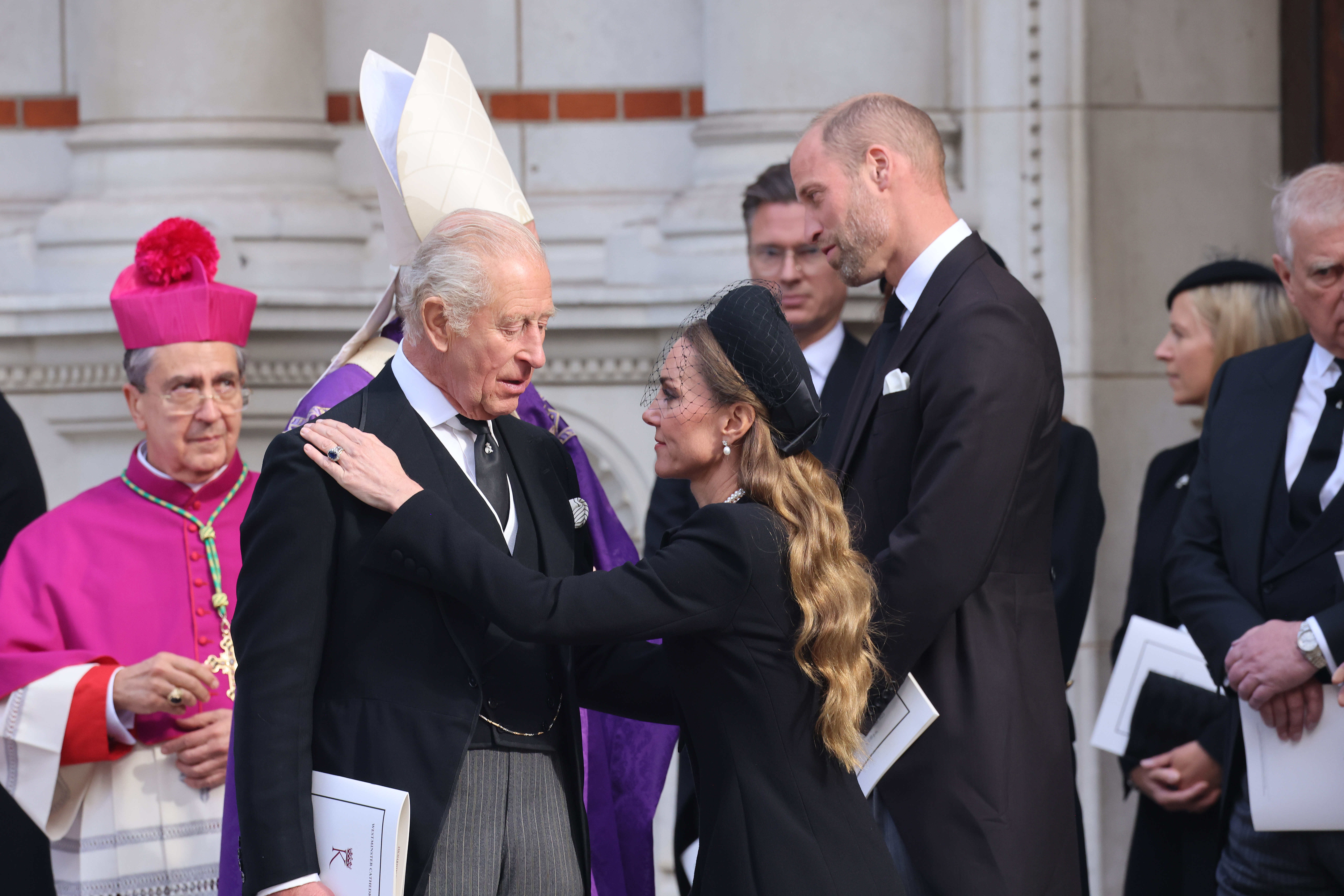 King Charles III hugs the Princess of Wales as they leave after the Requiem Mass service for the Duchess of Kent, at Westminster Cathedral, central London. Picture date: Tuesday September 16, 2025. This is the first Catholic funeral service held for a member of the royal family in modern British history. Katharine, the wife of the late Queen's cousin the Duke of Kent, converted to Catholicism in 1994.