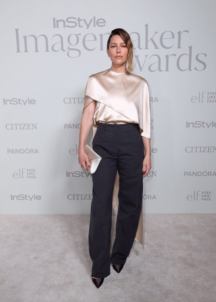 Jessica Biel, Magda Butrym, Magda Butrym draped top, InStyle Imagemaker Awards 2025, Tyler Ellis clutch, Jessica Biel fashion, celebrity red carpet style