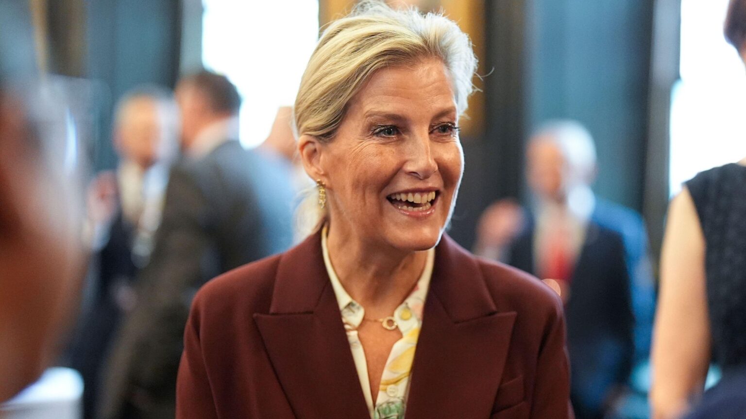 Duchess Sophie’s dark cherry power suit and trendy scrunchie Duchess Sophie’s dark cherry power suit and trendy scrunchie