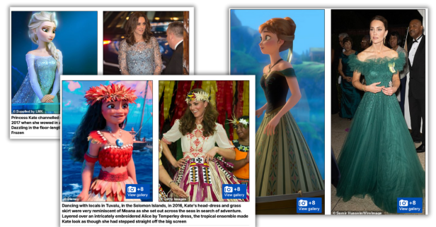 Collage showing Kate Middleton side-by-side with Disney characters Elsa, Moana, and Anna in a Daily Mail article celebrating her fashion as “princesscore.”
