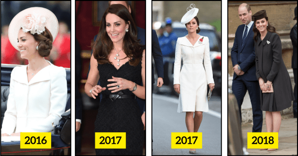 Side-by-side images of Kate Middleton wearing Balenciaga pearl clip-on earrings at royal events between 2016 and 2018, including Trooping the Colour, a diplomatic reception, the Centenary of Passchendaele, and Easter service, with each year labeled in bold yellow boxes.