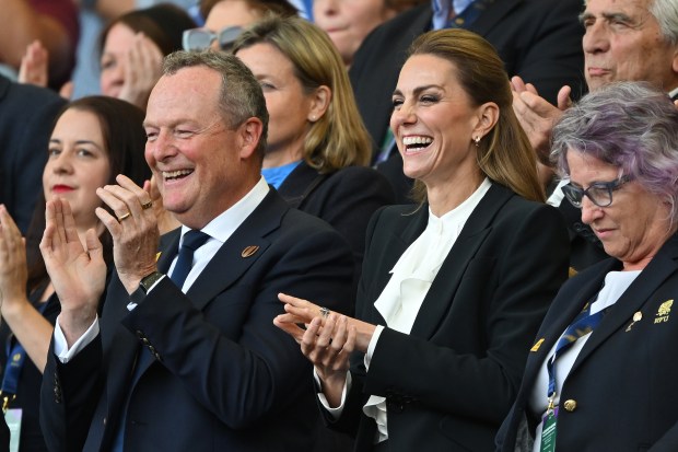 BRIGHTON, ENGLAND - SEPTEMBER 06: Jonathan Webb, Vice-Chair of the Executive Board of World Rugby and Catherine, Princess of Wales, are seen in attendance prior to the Women's Rugby World Cup 2025 Pool A match between England and Australia at Brighton & Hove Albion Stadium on September 06, 2025 in Brighton, England. (Photo by Mike Hewitt/Getty Images)
