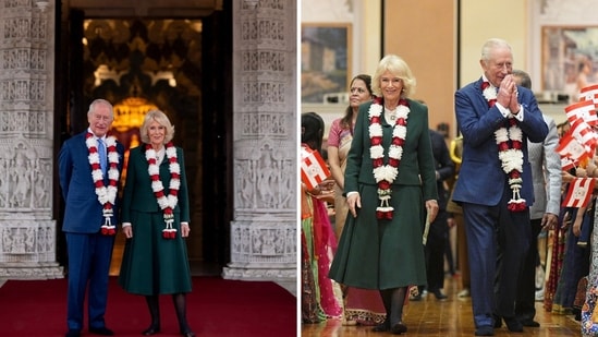 King Charles and Queen Camilla at the BAPS Shri Swaminarayan Mandir in London. (X/@RoyalFamily)