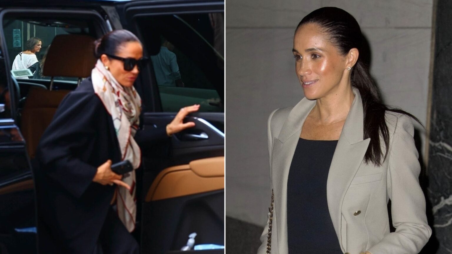 Meghan Markle wears a Saint Laurent blazer and a black Max Mara coat in New York