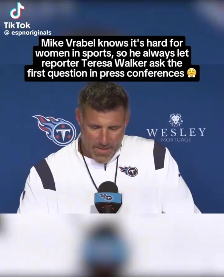 Professional football coach, Mike Vrabel, says he always gives women reporters the first question at his pressers because he knows it’s a tough business for them and it’s hard for them to break into the league.