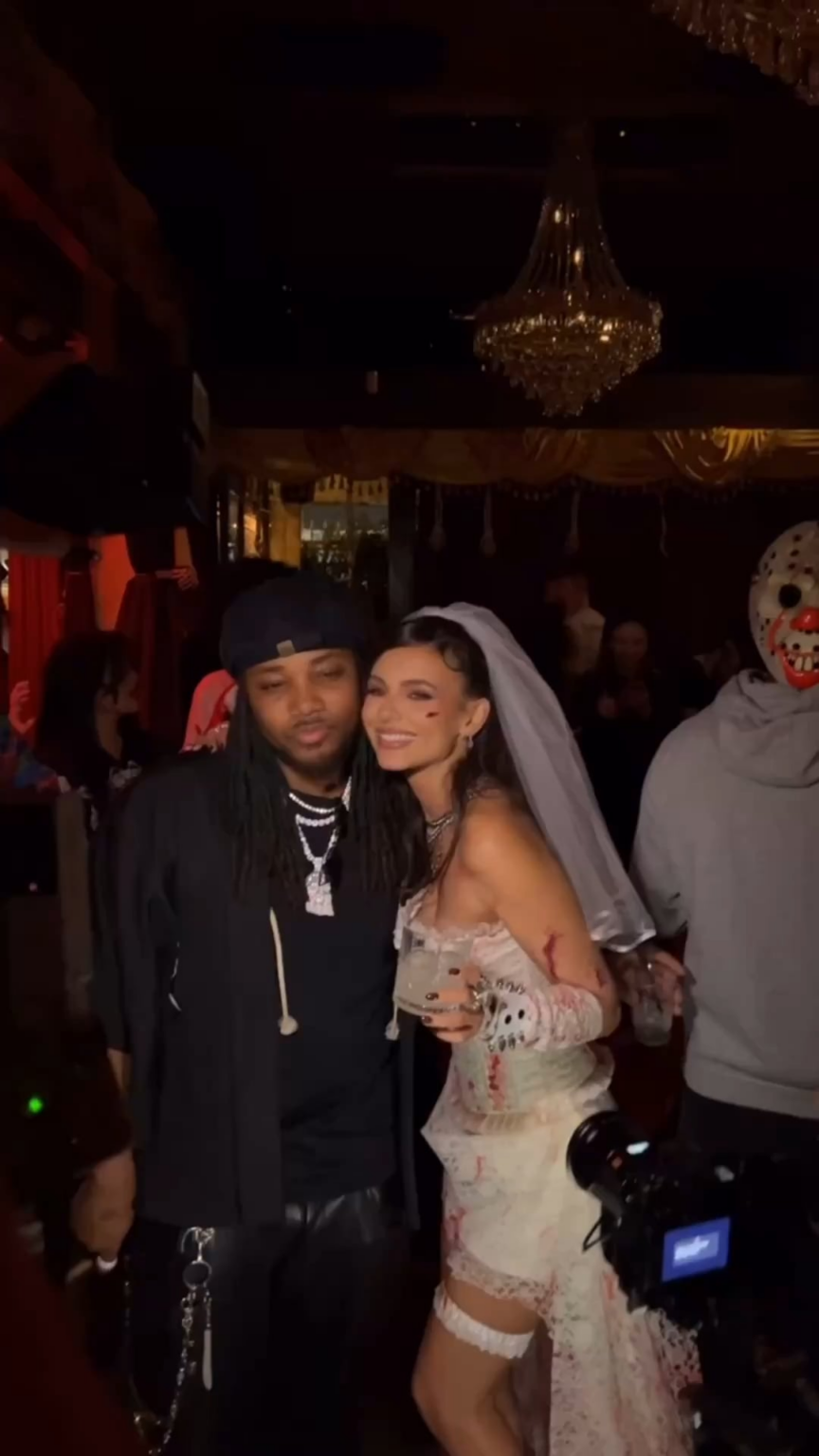 Victorious co-stars, Victoria Justice and Leon Thomas, reunite at a halloween party in LA.