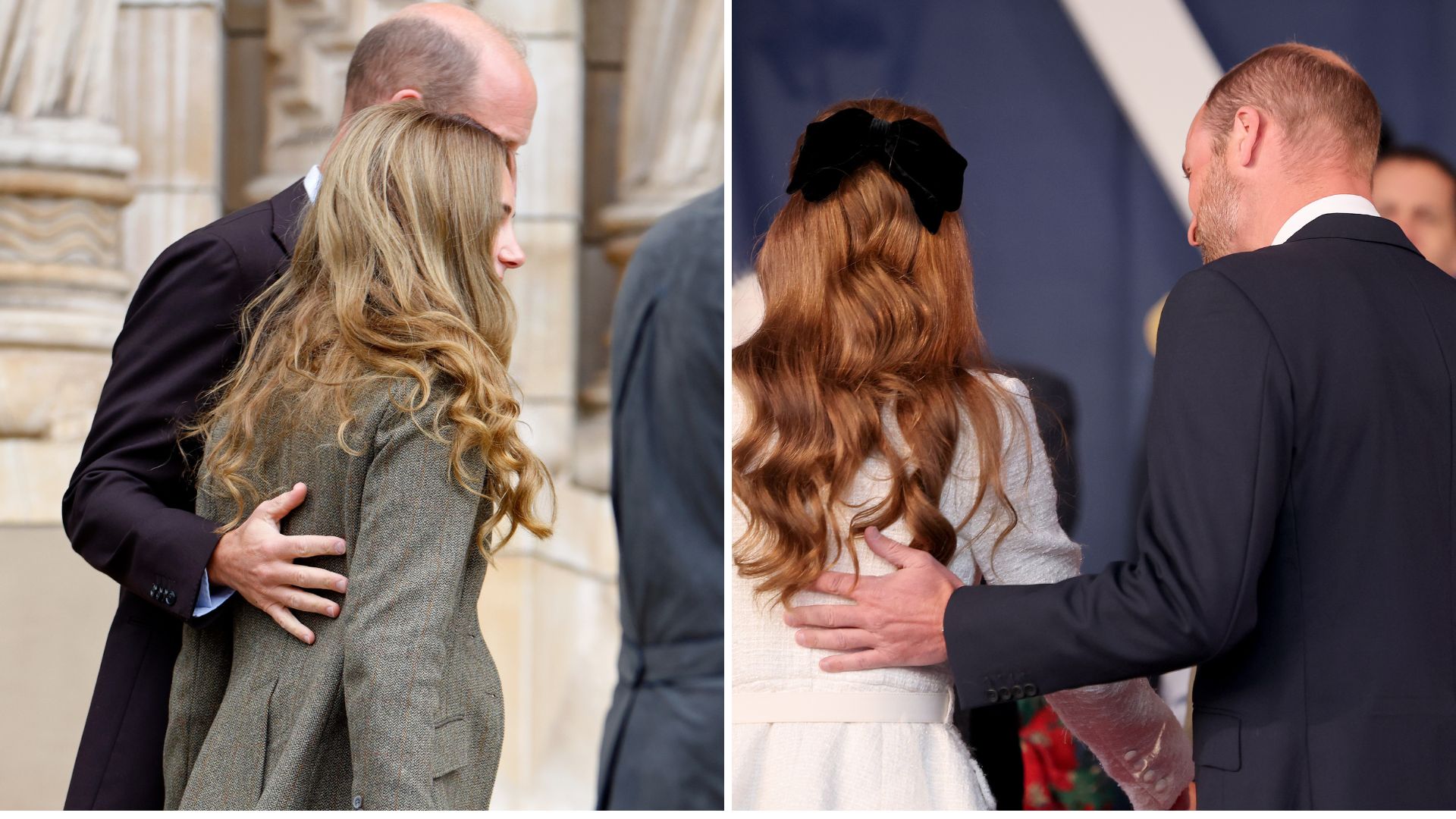 A composite of two pictures of Prince William putting his hand on the Princess of Wales's back on two separate occasions