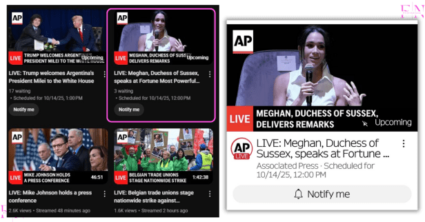 Screenshot collage showing the Associated Press live broadcast lineup, featuring Meghan, Duchess of Sussex, scheduled to speak at the Fortune Most Powerful Women Summit alongside major global news events such as a White House visit and economic coverage, highlighting her media prominence and international influence.