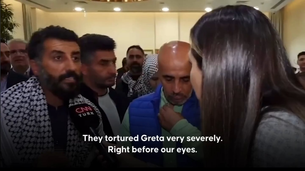 Turkish journalist and Global Sumud Flotilla activist Ersin Celik: “The Israelis tormented Greta Thunberg badly, dragged her on the ground… She’s still a little kid. They made her suffer; they forced her to kiss the Israeli flag.” Turkish journalist and Global Sumud Flotilla activist Ersin Celik: "The Israelis tormented Greta Thunberg badly, dragged her on the ground... She's still a little kid. They made her suffer; they forced her to kiss the Israeli flag."