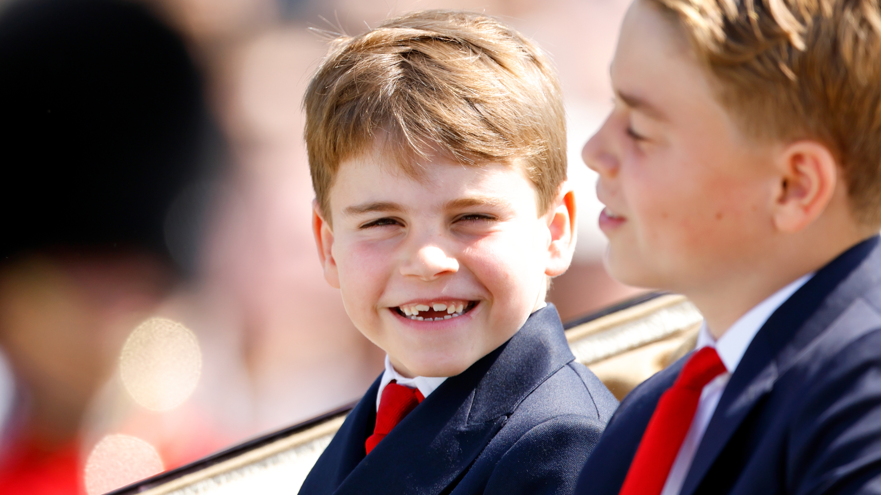 Prince Louis of Wales and Prince George of Wales depart Buckingham Palace in an Ascot Landau horse-drawn carriage during Trooping The Colour 2025
