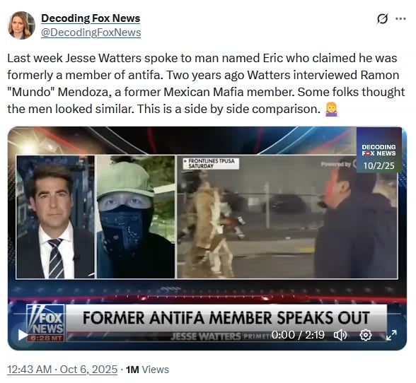 Fox News Jesse Watters recycling same guy (sometimes with fake accent) for every 'anti-left' interview.