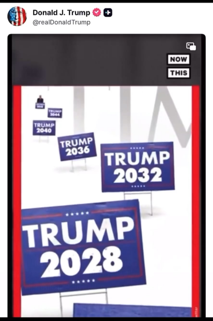 Donald Trump posted Trump 4EVA video on Truth Social, meaning that Trump want to be president forever (with fake Now This logo on top)