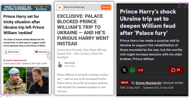 Collage of news headlines from Express, Substack, and GB News discussing Prince Harry’s 2025 Ukraine visit and reports that Prince William was angered after palace officials blocked his own trip, fueling speculation of renewed royal tension.