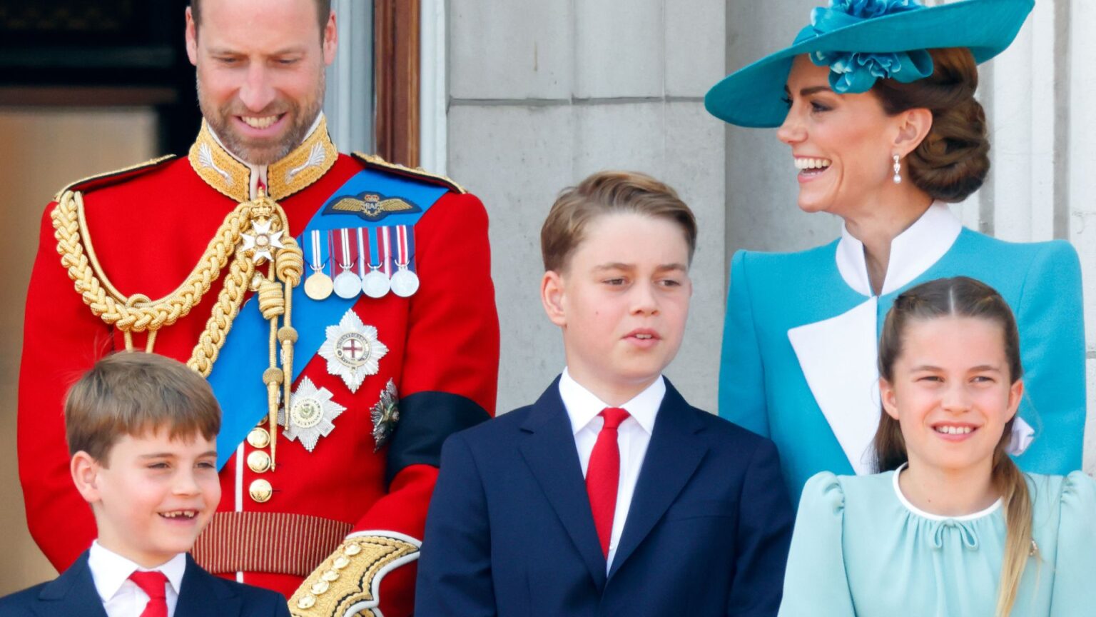 Prince William and Kate Middleton laugh at Trooping the Colour on June 14, 2025, as their children, Prince Louis, Prince George, and Princess Charlotte appear on the Buckingham Palace balcony