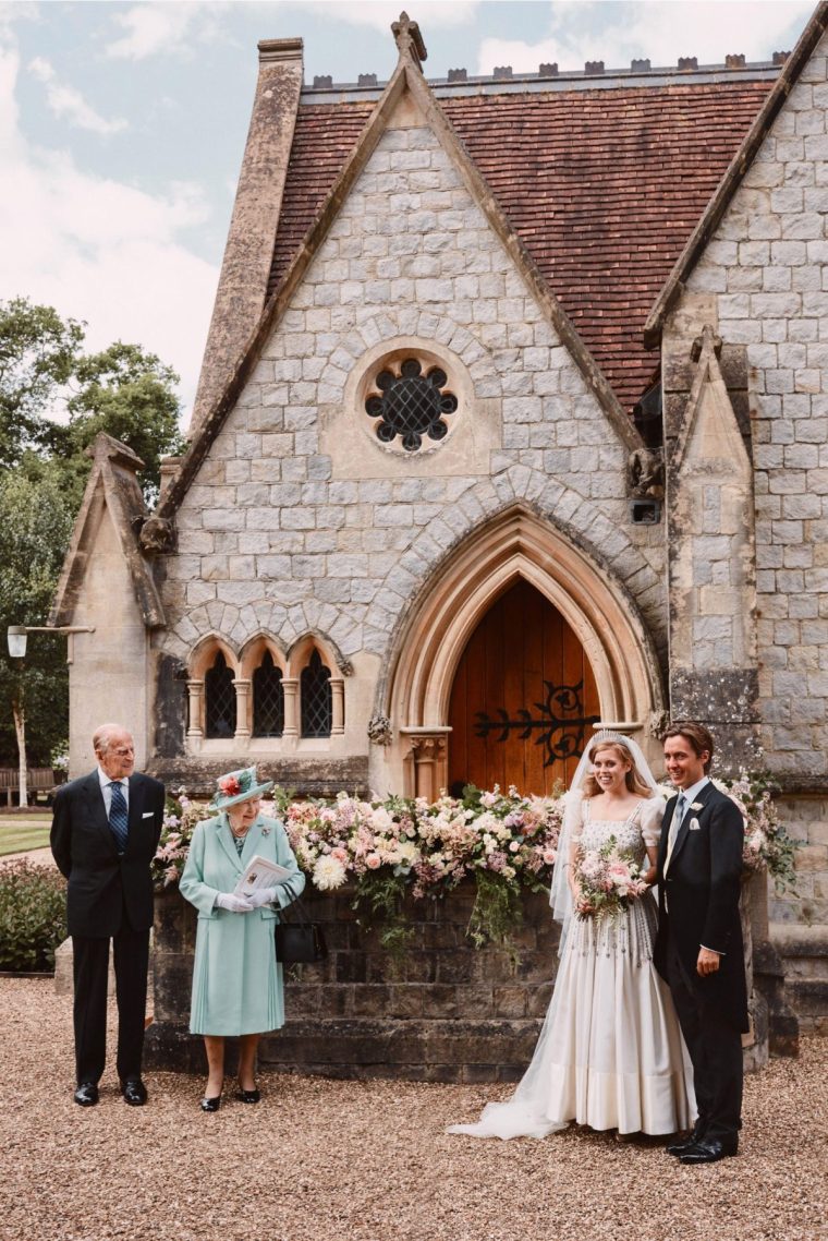 2CFPD3R This official file wedding photograph released by the Royal Communications of Princess Beatrice and Edoardo Mapelli Mozzi shows them outside The Royal Chapel of All Saints at Royal Lodge, Windsor after their wedding with Queen Elizabeth II and the Duke of Edinburgh. Issue date: Monday September 7, 2020. Beatrice's vintage wedding dress is to go on public display at Windsor Castle. First worn by the Queen in the 1960s, it was loaned to Beatrice by her grandmother for her secret, low-key wedding. See PA story ROYAL Beatrice. Photo credit should read: Benjamin Wheeler/PA Wire NOTE TO EDITORS: