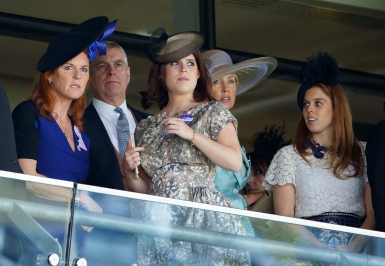 ASCOT, UNITED KINGDOM - JUNE 19: (EMBARGOED FOR PUBLICATION IN UK NEWSPAPERS UNTIL 48 HOURS AFTER CREATE DATE AND TIME) Sarah Ferguson, Duchess of York, Prince Andrew, Duke of York, Princess Eugenie, Catrina Skepper, Countess Guerrini-Maraldi and Princess Beatrice watch the racing as they attend day 4 of Royal Ascot at Ascot Racecourse on June 19, 2015 in Ascot, England. (Photo by Max Mumby/Indigo/Getty Images)