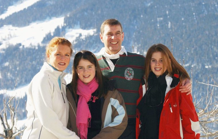 VERBIER, SWITZERLAND - FEBRUARY 18: (L to R) The Duchess of York, Princess Eugenie, the Duke of York and Princess Beatrice attend a photocall on February 18, 2003 in Verbier, Switzerland. Prince Andrew will celebrate his 43rd birthday on February 19. (Photo by UK Press/Getty Images)