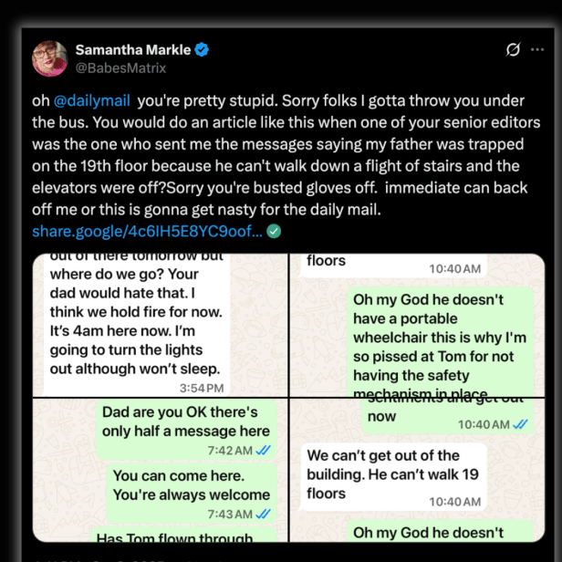 Screenshot of Samantha Markle’s X post accusing the Daily Mail of feeding her false earthquake claims. The post includes WhatsApp screenshots allegedly from editor Caroline Graham, describing Thomas Markle Sr. as trapped on the 19th floor without a wheelchair.