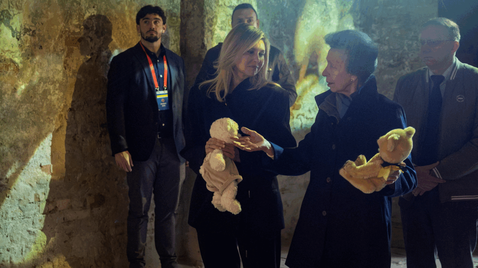 Princess Anne Leaves a Royal Childhood Memento in Ukraine During Secret Trip Princess Anne and First Lady Olena Zelenska wearing coats and holding teddy bears at a memorial for children in Kyiv, Ukraine