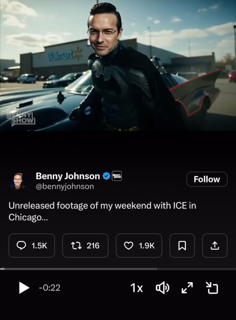 Benny Johnson, while campaigning with NJ Governor Candidate Jack Ciattarelli & Scott Presler, posts AI video of himself attacking Hispanic and Asian people in Chicago while dressed as Batman