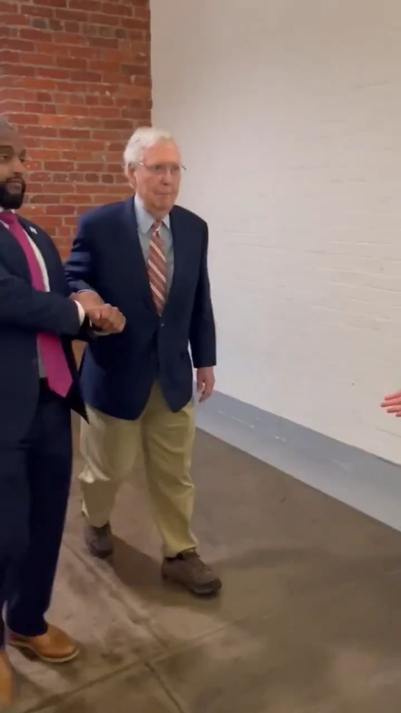 Sen. Mitch McConnell tripped & fell in the Russell Senate Office Building basement today when being questioned on whether he supports ICE kidnapping people off the streets. (October 16, 2025)