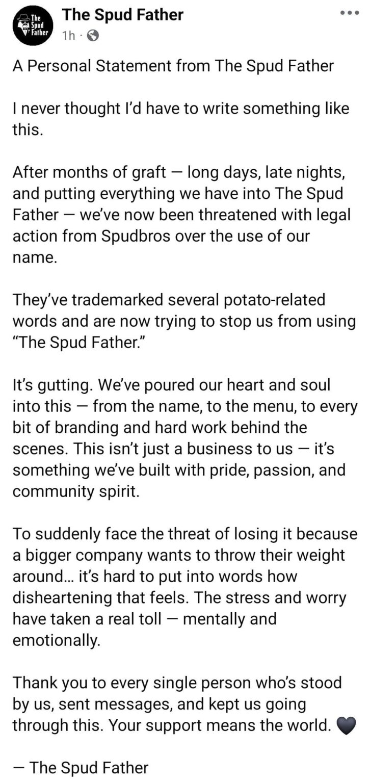 Spudbros, of TikTok fame, are now threatening small businesses with legal action for having 'spud' in their name.