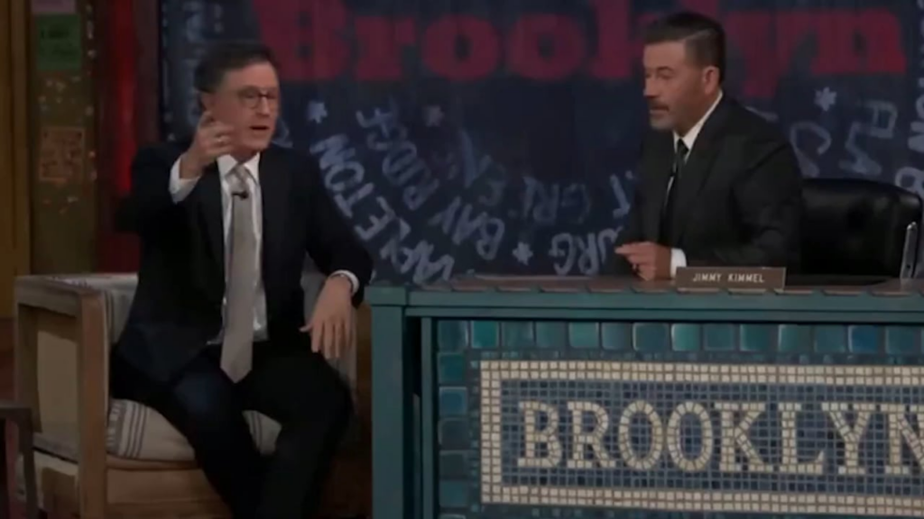 Footage of Stephen Colbert finding out live that Jimmy Kimmel's show was pulled indefinitely.
