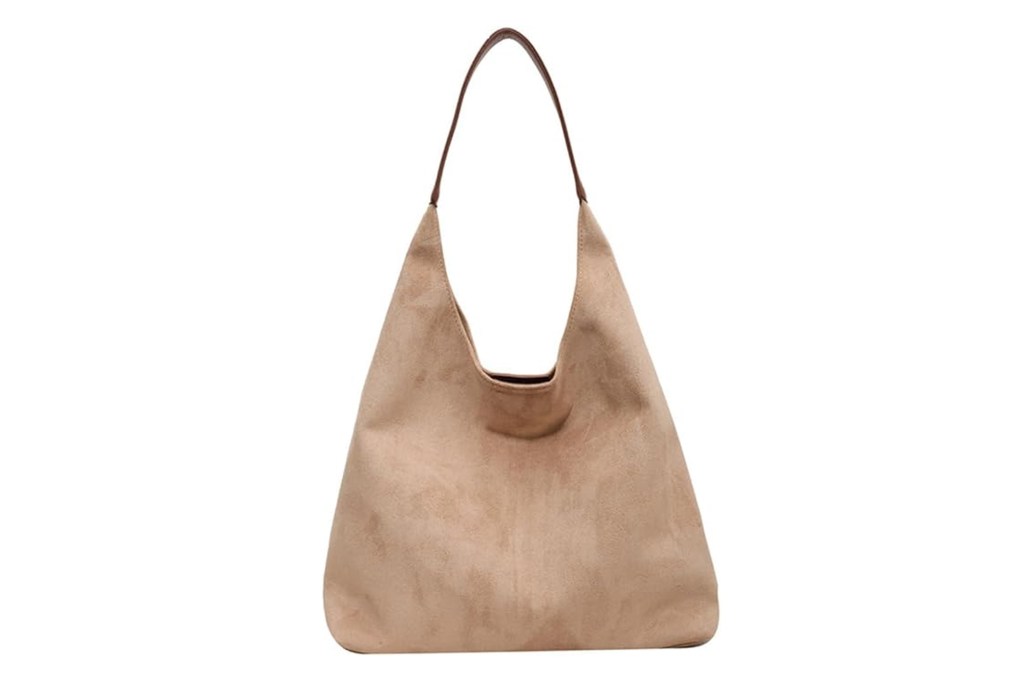 Light brown suede hobo bag with a dark brown strap.