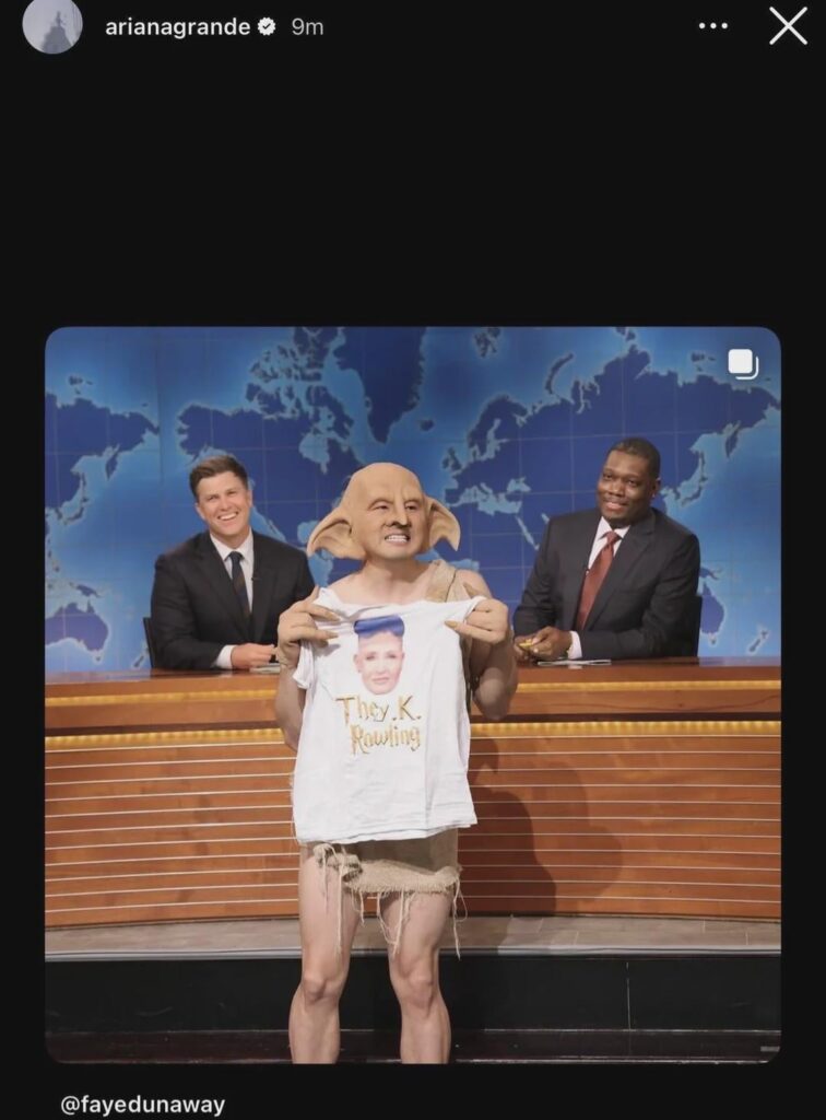 Ariana Grande shares on Instagram Bowen Yang as Dobby on Weekend Update satirizing JK Rowling’s views: “Perhaps because house elves are somehow always the problem, even though we’re only 1% of the population, but house elves aren’t the victims. Master Rowling is” Ariana Grande shares on Instagram Bowen Yang as Dobby on Weekend Update satirizing JK Rowling’s views: “Perhaps because house elves are somehow always the problem, even though we’re only 1% of the population, but house elves aren’t the victims. Master Rowling is”