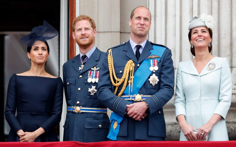 meghan, duchess of sussex, prince harry, duke of sussex, prince william and catherine, watch a flypast to mark the centenary of the royal air force from the balcony of buckingham palace on july 10, 2018