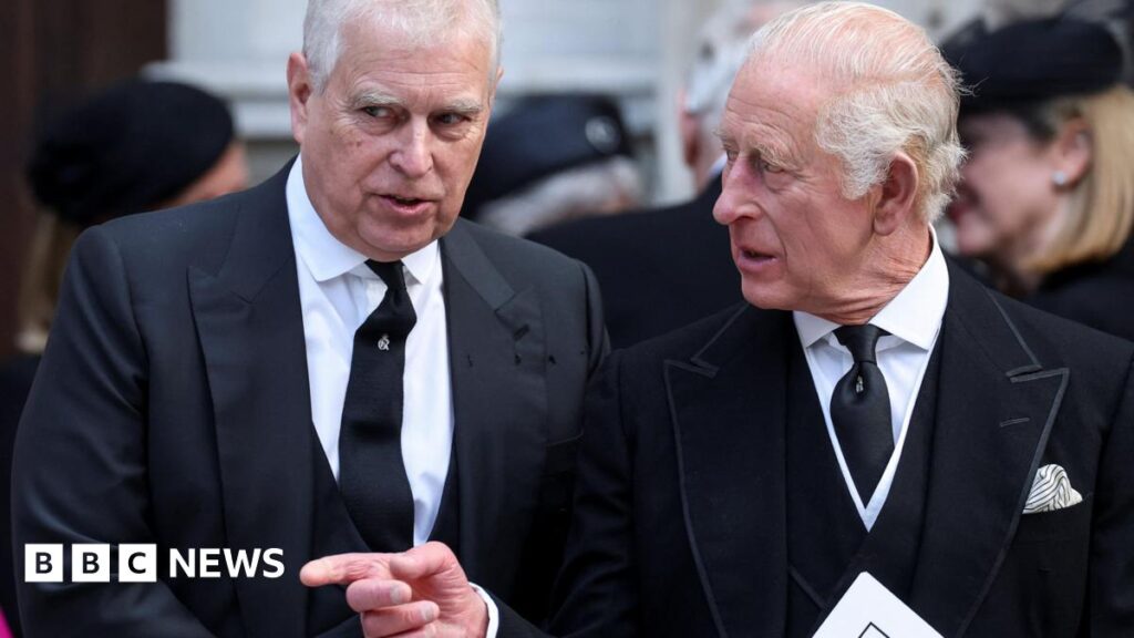 What can the King do about Prince Andrew scandals? Prince Andrew and King Charles, dressed in black mourning clothes, at the funeral of the Duchess of Kent