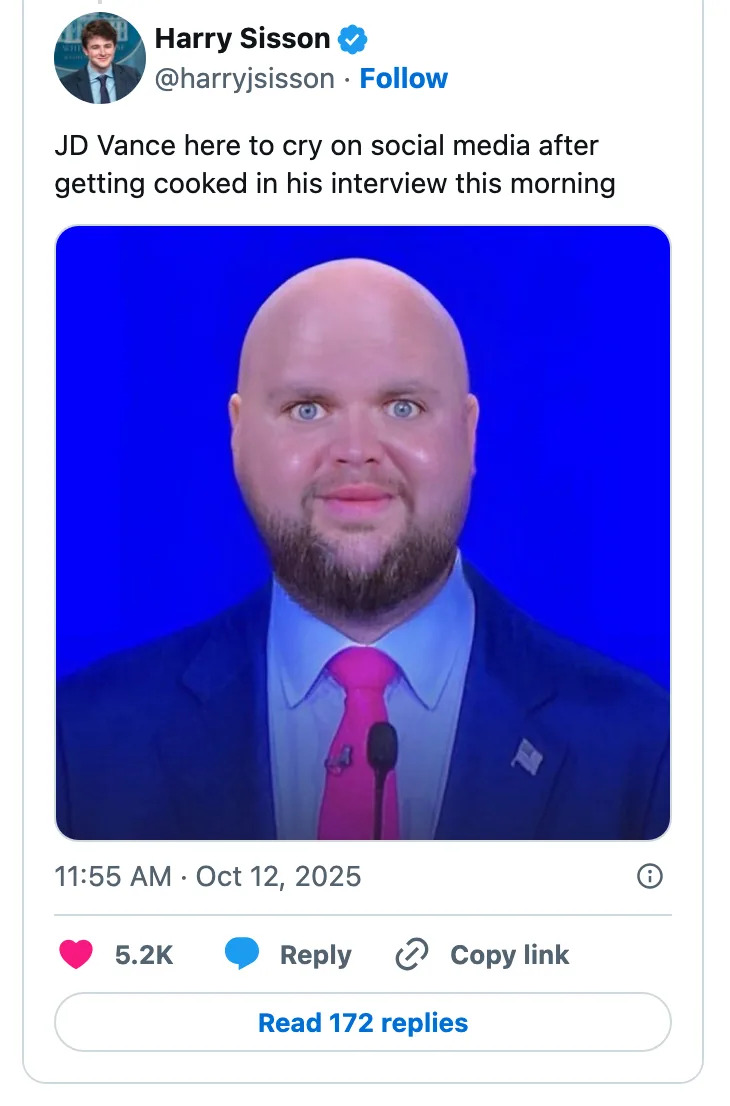 Man with a bald head and beard in a suit and tie on a blue background. Tweet reads: "JD Vance here to cry on social media after getting cooked in his interview this morning."