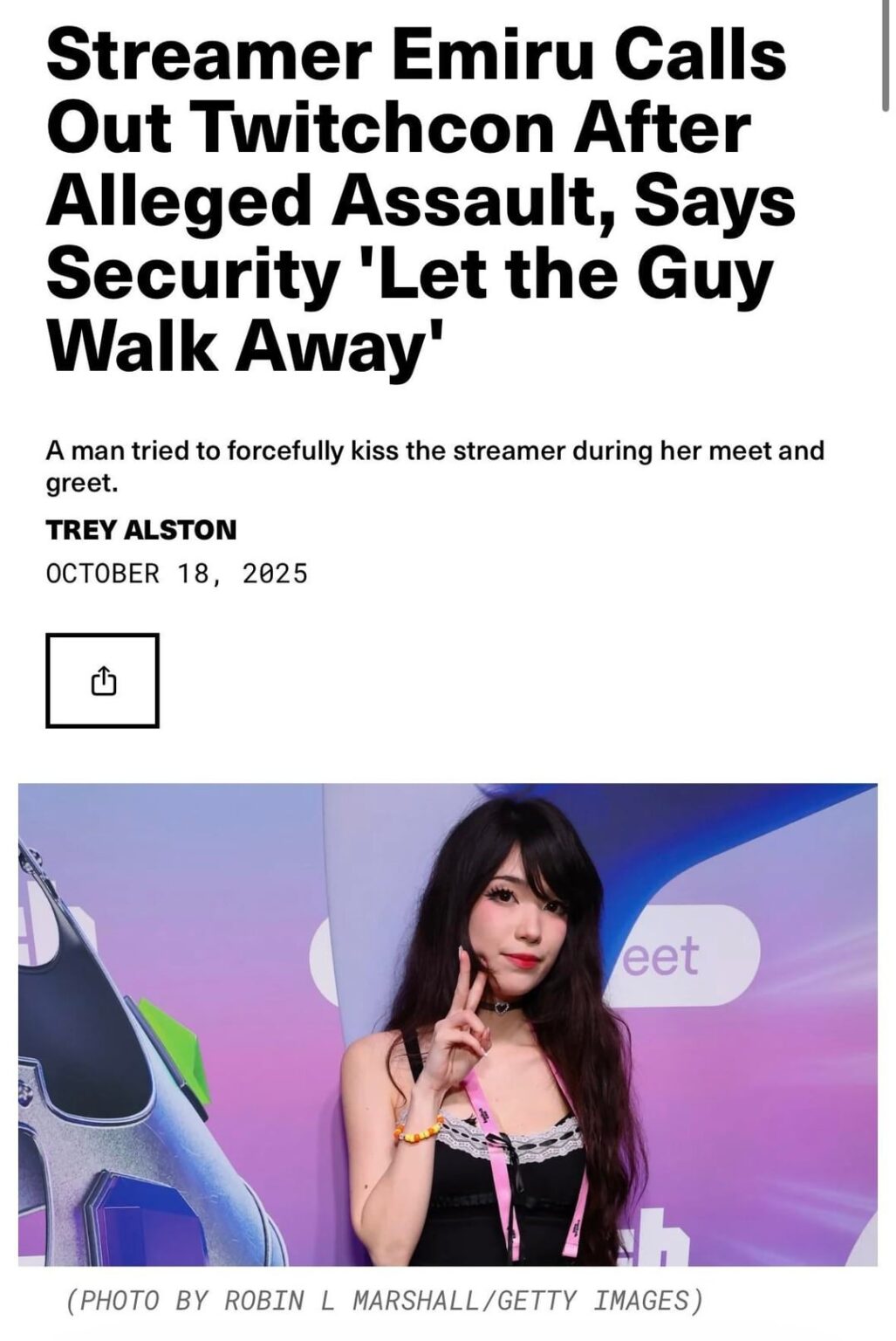 Streamer Emiru Calls Out Twitchcon After Alleged Assault, Says Security 'Let the Guy Walk Away'