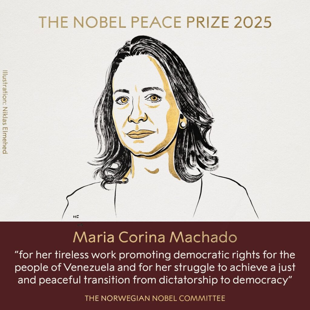 The Norwegian Nobel Committee has decided to award the 2025 Nobel Peace Prize to María Corina Machado for her tireless work promoting democratic rights for the people of Venezuela and for her struggle to achieve a just and peaceful transition from dictatorship to democracy.