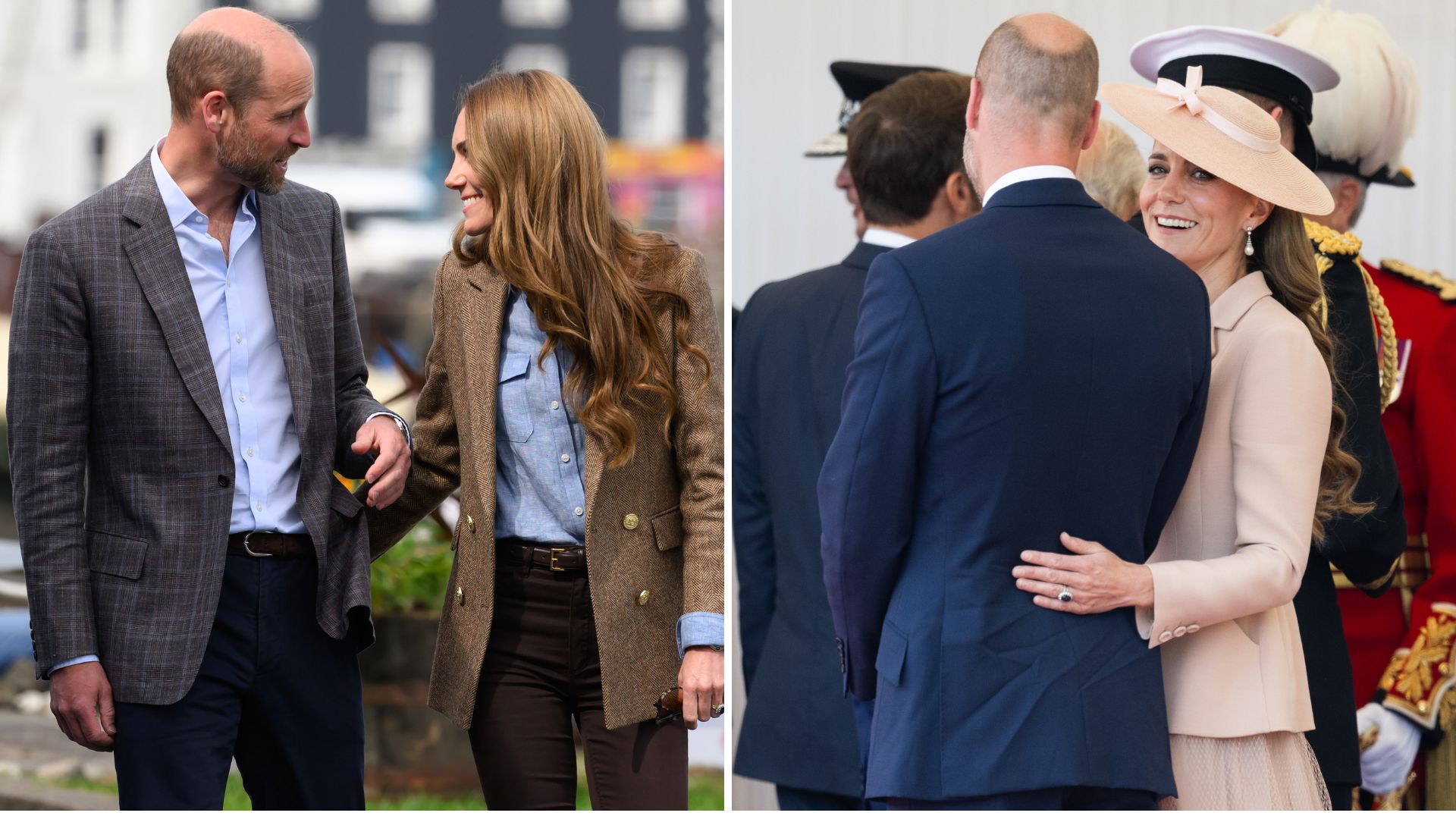 A composite of two pictures of Kate Middleton putting her hand on Prince William's arm and back on separate occasions