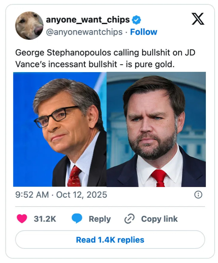 Social media post featuring a tweet discussing George Stephanopoulos calling out JD Vance