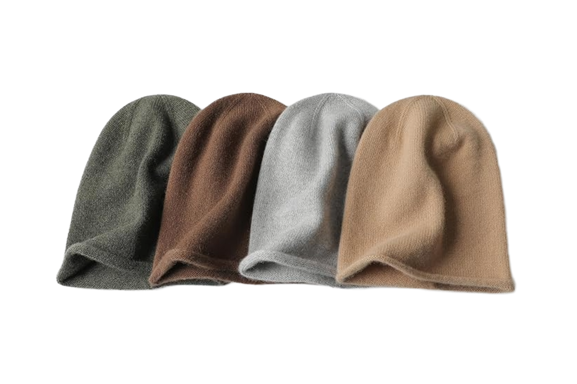 Four beanies in shades of green, brown, gray, and tan.