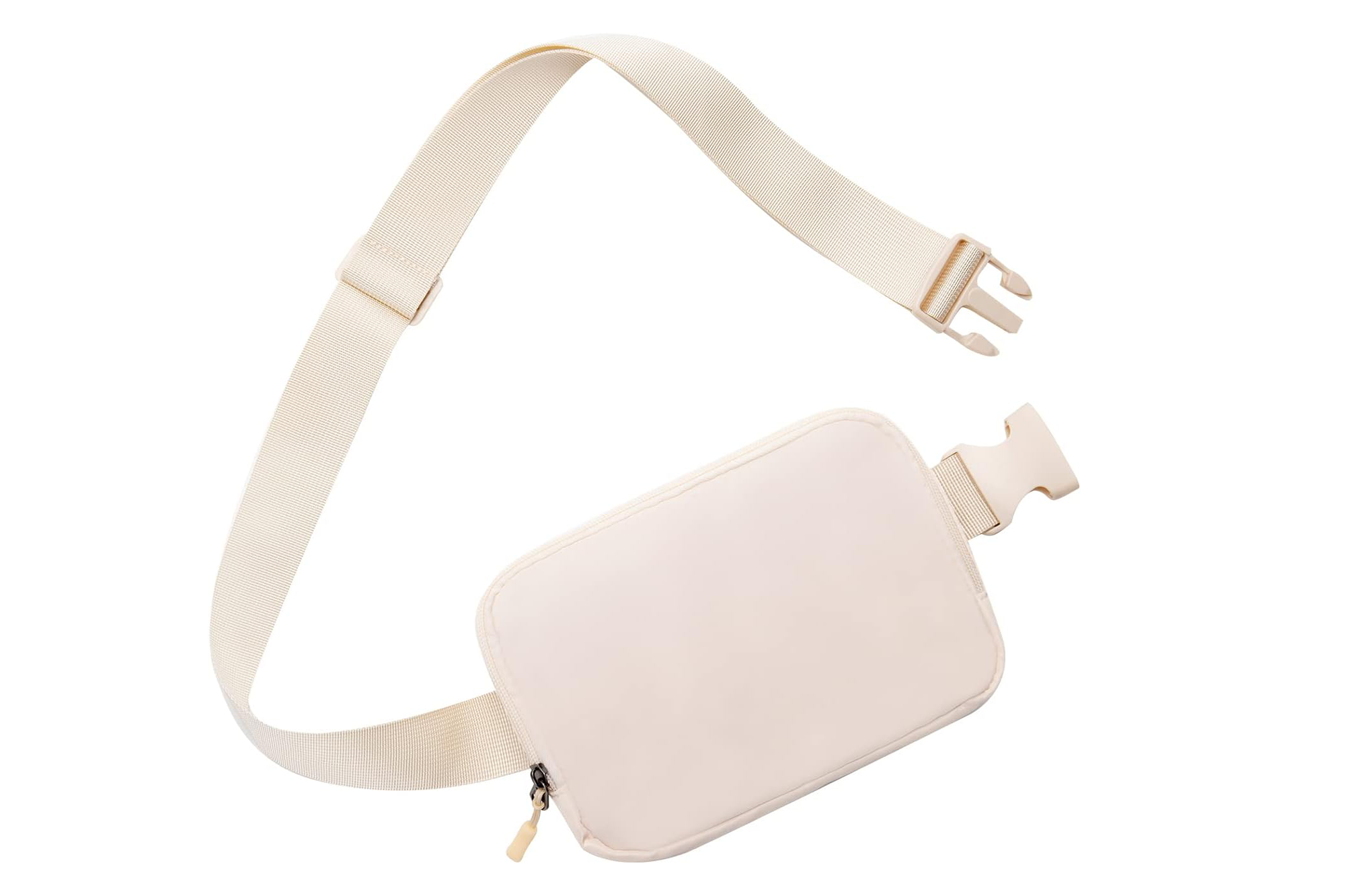 A cream-colored belt bag with a front zipper and an adjustable strap with a buckle.