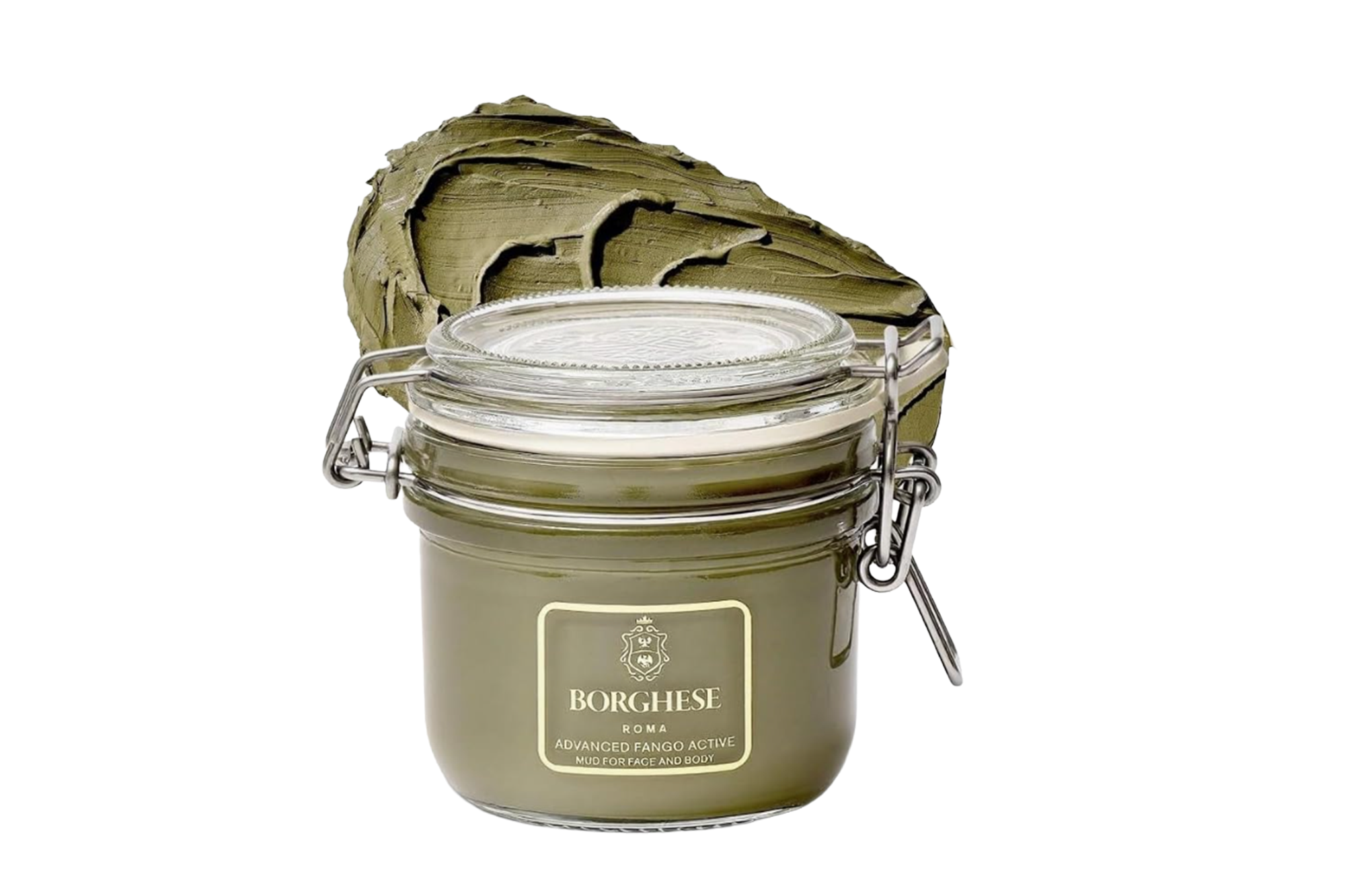 Borghese Advanced Fango Active Mud for Face and Body in a jar, with a blob of the mud behind it.